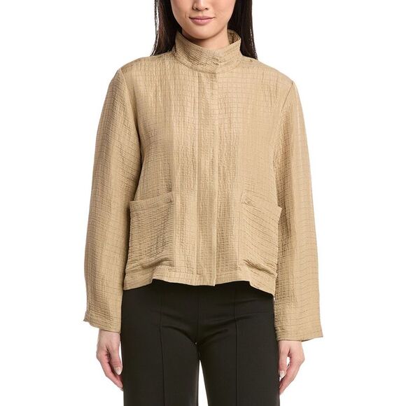 Eileen Fisher WomensStand Collar Silk & Linen-Blend Jacket Brown